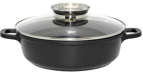 ELO Servierpfanne 28 cm Aluguss mit Glasdeckel – Hochwertige Antihaft Pfanne PFAS frei – Beschichtete Bratpfanne Induktion mit Glasdeckel & Aromaknopf