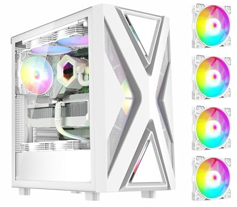 EWAIDI CV203 ATX datorspel PC-fodral Mid Tower svart med 4 fläktar 120 mm förinstallerad, härdat glas sidopanel USB 3.0