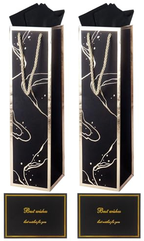 Wine Gift Bag Set with Tissue Paper & Card, 2Pcs 34.7× 9.5× 9.5 cm Black Wine Bottle Bags