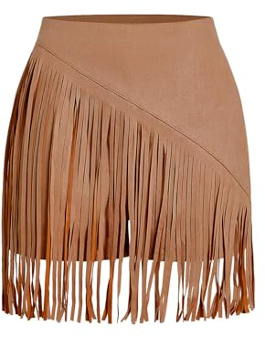 SweatyRocks Women's Cowgirl Fringe Skirts Faux Suede Western Mini Skirt Country Concert Outfits Reddish Brown X-Large