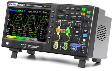 Hantek Osciloscopio, osciloscopio de 2 canales de 350 MHz con frecuencia de muestreo de 2 GS/s, profundidad de memoria de 80 K, 32 funciones de medición automáticas, ideal para ingenieros aficionados