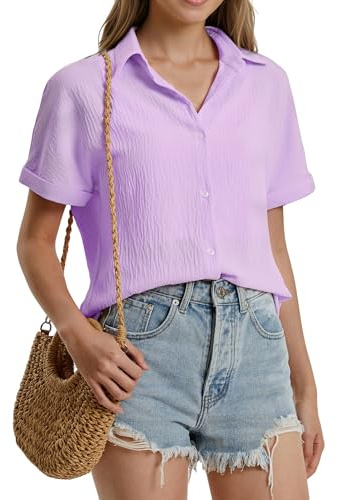 Stamain Blusa Donna Lilla Chiaro Elegante Estiva Manica Corta Scollo a V Camicetta Casual con Bottoni Larghi Camicia Donna Maniche Corte L