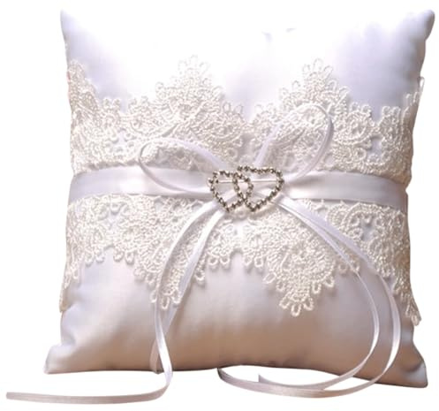 DECORNIJIA Cojín para Anillos de Boda Blanco de Encaje Doble Corazón Almohadilla Romántica para Soporte de Alianzas Decoración Nupcial para Novias y Ceremonias
