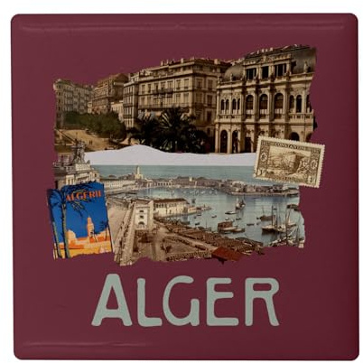 Fyrkantig keramisk kylskåpsmagnet - alger collage reseturism vykort - format 5 x 5 cm, dekorativ magnet souvenir för kylskåp och magnettavla, tryckt i Frankrike