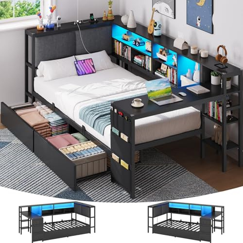 Brinlawb Canapé Lit 90x200 cm avec éclairage LED et multiprise, Cadre de Lit 90x200 cm avec Une Table et Deux Grands tiroirs, Lit Banquette Lit Enfant 90x200cm, Tête de Lit à Dossier Rembourré, Noir