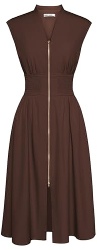 GRACE KARIN Women Sleeveless Midi Dress Elegant V Neck Slim Fit Business Wrap Smocked Dress with Pockets Brown L