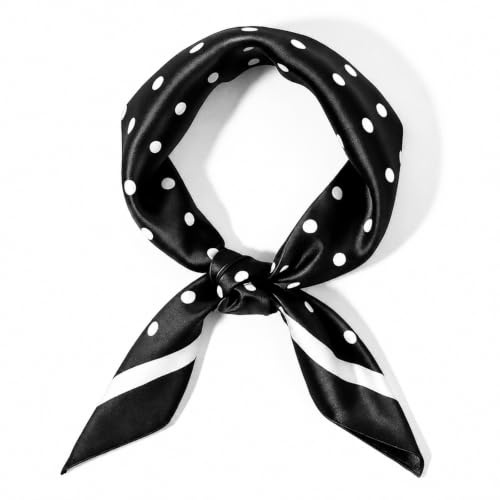 Psyqtsuary Chiffon Scarf, Square Neck Scarf White Polka Dot Bandana Square Handkerchief Vintage Bow Headband Head Scarves Bandana Headband Satin-Scarf for Women and Girls (Black, 70 × 70cm)