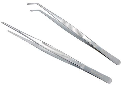 2Pcs 30cm Straight Curved Kitchen Tweezers with Precision Serrated Tips, Extra Long 304 Stainless Steel Tongs for Garden Aquarium Medical Grilling Cooking BBQ Seafood and Reptile Feeding