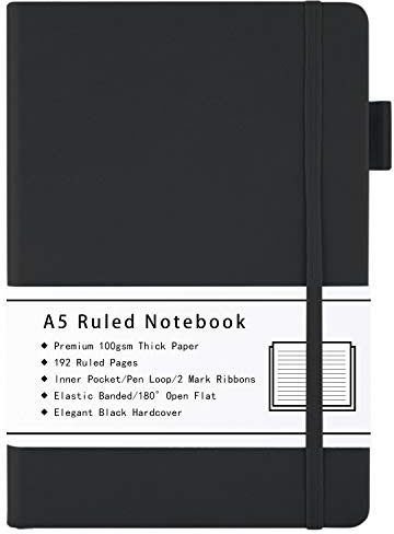 Beinushor A5 Notizbuch Liniert, mit Hardcover Ausgekleidetes Journal mit Dickem Premium 100GSM Papier, 192 Seiten, Innentasche, Stiftschlaufe, Gummiband, Kunstlederbezug, 14,5 x 21,3 cm (Schwarz)