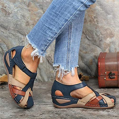 Kvinnors bekväma kilsandaler damer Mule träskor Tofflor Korsrem Plattform Vintage Stängd tå ihålig Mjuk Brett passform Sommar Utomhus Strand Sportskor,Blue,43