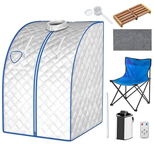 RELAX4LIFE Mini Sauna de Vapor 3L con Temporizador 15-90min y Temperatura Ajustable en 9 Niveles, Sauna Portátil 1000 W con Mando a Distancia y Múltiples Accesorios (Plateado)
