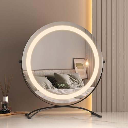 EMKE Hollywood Spiegel mit 3 Lichtfarben, Φ50CM Schminkspiegel mit Beleuchtung, Smart-Touch Schminktisch Spiegel mit Licht 360° drehbar, dimmbar und mit Memory-Funktion - Schwarz