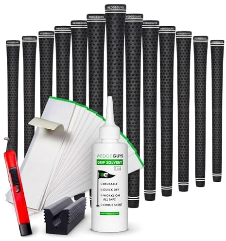Komplett Omgreppningsset för Hela Golfbagen (13-pack) - Wedge Guys Svart DC Tour Golfgrepp - Allt-i-ett Kit med Tejp, Greppvätska, Kniv och Skruvstädsklämma för Enkelt Byte - Standardstorlek