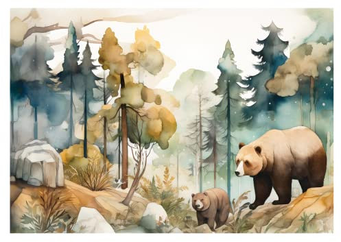 WallArena - Vlies Fototapete Kinderzimmer 416x290 cm Wald Tiere Bär Pastell - Fototapeten Tapeten für Kinder Kindertapete Kinderzimmertapete - Vliestapete Wandtapete Tapete 3D Effekt