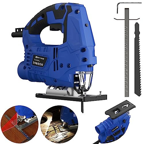 Jig Saws Electric Laser Guide Jigsaw Corded Power Tool, 700W 2800 SPM Electric Jigsaw Variable Speed Cutting Pendulum Action Electric Saws to Cut Wood, 4 Orbital Sets, ±45° Bevel Adjustment, LED Light