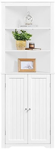 Yaheetech Tall Bathroom Corner Cabinet, Freestanding Cabinet with Adjustable Shelves and 2 Enclosed Doors for Living Room Kitchen,163cm Height