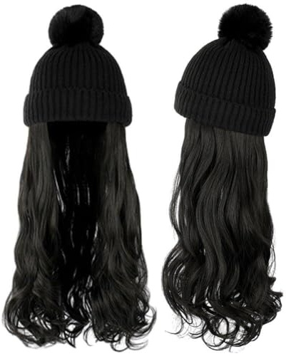 Cappello Beanie con Estensioni dei Lunghi Ondulati Berretto in Maglia Parrucca Sintetica Attaccata Parrucchino Staccabile per Donne Invernali Ragazze