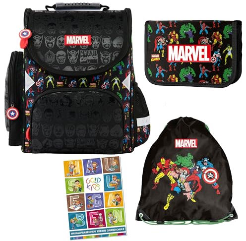 Goldkids - Schulranzen für Jungen und Mädchen, 4er-Set - Schul-Rucksack für Kinder mit Federmäppchen - Schuhbeutel und Hausaufgabenheft - Marvel Avengers Motiv - 1-3 Klasse