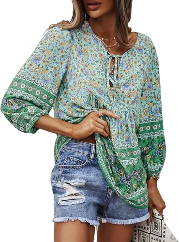 CNTSFS Blouse Women's Elegant Casual Boho V-Neck Floral Pattern Loose Tunic Women's Long Sleeve Summer