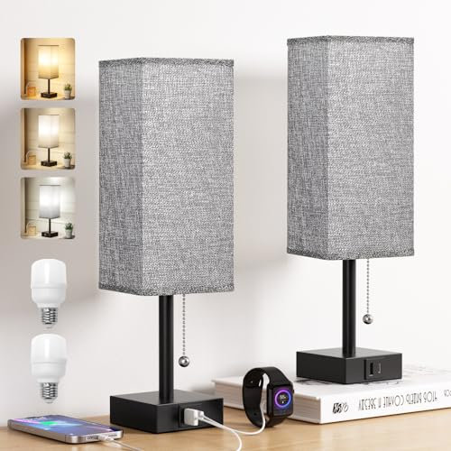 kakanuo Lampada da Comodino Set di 2, 3 Modalità di Colore con Porte di Ricarica USB-C+A, Lampadina LED Inclusa, Interruttore a Catena, Lampada da Tavolo per Camera da Letto Soggiorno Ufficio