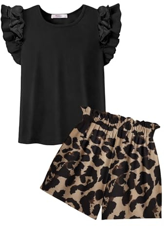 Arshiner Conjuntos Ropa Niñas Verano Monocolor Camiseta Pantalones Cortos Conjunto Niños Algodón Manga Volantes Conjunto Ocio Moda 2-Piezas Ropa con Bolsillo 6-14 Años