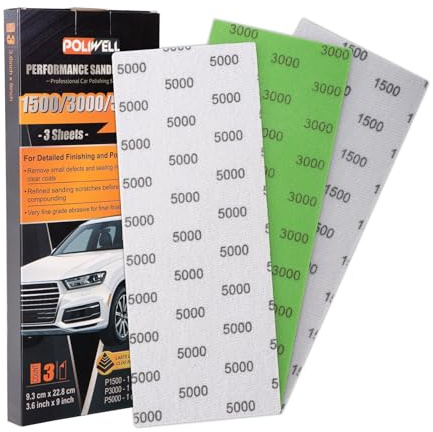 POLIWELL Pyramid Structure Car Sandpaper Set: 3.6“ x 9” Wet/Dry Polishing Pads (1500/3000/5000 Grit) — Clear Coat Scratch Repair, Automotive Detailing Care, and Ultra-Smooth Surface Restoration