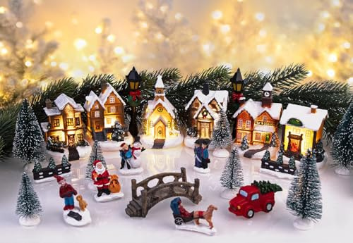 infactory Weihnachtsdeko: 25-teiliges Deko-Weihnachtsdorf mit 6 LEDs, Batteriebetrieb (komplettes Weihnachtsdorf, Winterdorf, Set)