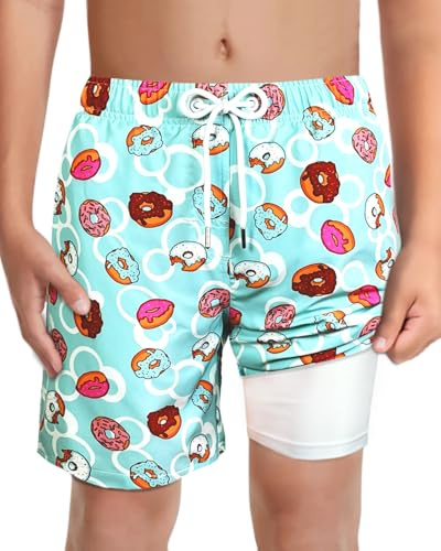 LUCOWEE Boys Swiming Trunks Soft Boxer Liner Anti Chafe Swim Hybrid Shorts Swimsuits Comfort Thick Stretchy Light Weight Quick Dry UPF 50+ Donuts Size 18-20