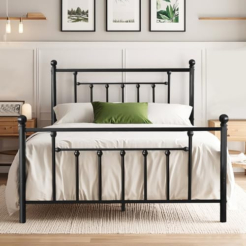 VECELO 4ft6 Double Bed Frames with Victorian Headboard and Footboard, 135 × 190 cm Metal Platform, Heavy Duty Steel Slat Support, Non-slip Mattress Foundation, No Box Spring Needed, Easy Assembly