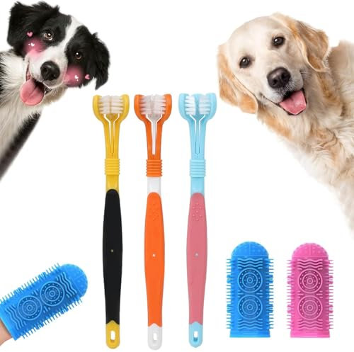 Hunde Zahnbürsten-Set, 2 Finger Zahnbürste, 3 Stück Dreifach Köpfe Hundezahnbürsten, Zahnbürste Hund Für Kleine Mittelgroße Und Große Haustiere, 360-Graddeep Cleanzahnbürste Hund
