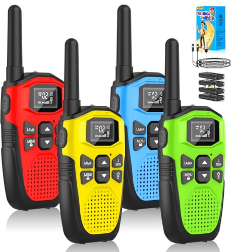 NXGKET - Set di 4 walkie-talkie ricaricabili per bambini, a lungo raggio con batteria agli ioni di litio integrata, cavo USB tipo C, 16 canali per giochi all'aperto, campeggio, escursionismo