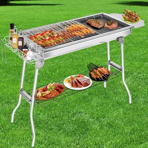 Warmfay Barbacoa de carbón vegetal de acero inoxidable XXL, parrilla plegable 100 x 33 x 71 cm, parrilla de carbón portátil con sartén antiadherente, orificios de ventilación ajustables, barbacoa para