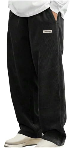 Corduroy Trousers Men Loose Fit Smart Casual Trouser Elasticated Waist Drawstring Pants Solid Colour Straight Leg Bottoms Spring and Winter Mens Lounge Wear with Pockets