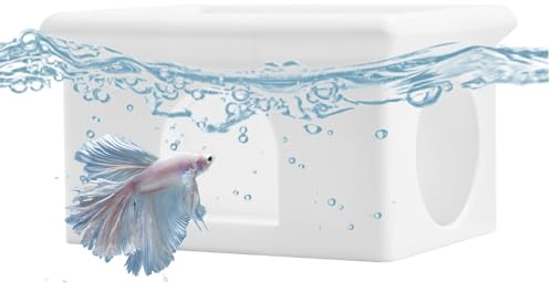 VOXGET Floating Betta Fish Hammock Cave House for Aquarium, 3D Printed Betta Shrimp Feeder & Hideout Cave Toys, Small Aquarium Feeding Ring Decor, Turtle Fish Tank Decorations Accessories -White