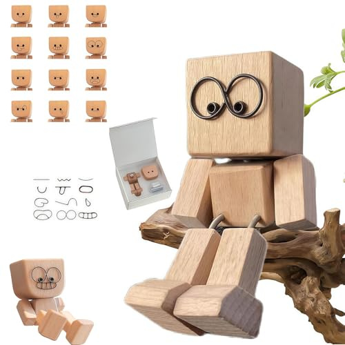 infrestyle Shaking Wooden Man Figurine, Charming Wooden Man Figurine with Magnetic Expressions - Handmade Swaying Wood Car Dashboard Decor Funny Desktop Decoration