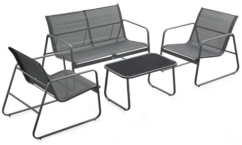URBNLIVING 4-Piece Outdoor Garden Lounge Set – Loveseat, 2 Chairs & Coffee Table, Patio Sofa Furniture, Modern Weather-Resistant Design (Black)