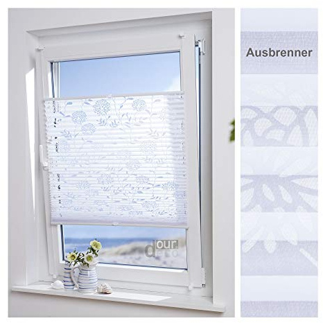 ourdeco® Plissee Ausbrenner mit Blumenmotiv; 90 x 210 cm weiß, Blumenmotiv durchsichtig, lichtdurchlässig/Klemmen=Montage ohne Bohren=Smartfix=Klemmfix-Plissee=Easy-to-fix