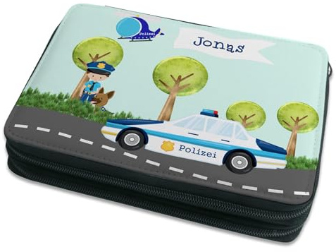 CreaDesign Kinder Federmäppchen mit (Wunsch) Namen, einzigartige Federtasche durch Personalisierung, Schulmäppchen - Motiv Polizei