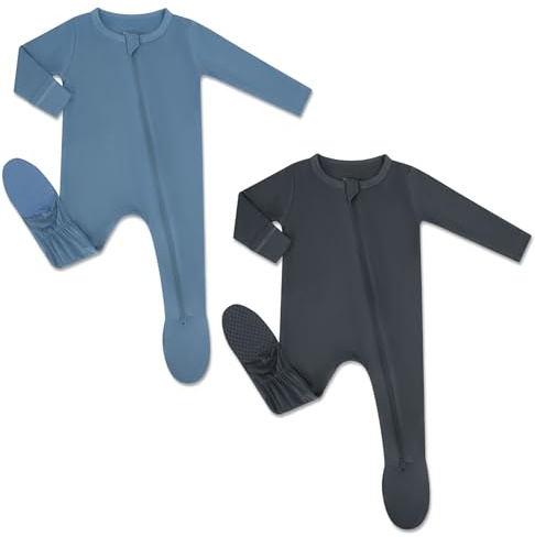 HAPIU Rayon from Bamboo Baby Footed Pajamas, 2 Way Zipper YKK, Footie for Baby Boy Girls, Newborn-24 Months, 2-Pack, Moonlight Blue&Dark Grey, 12-18 Months