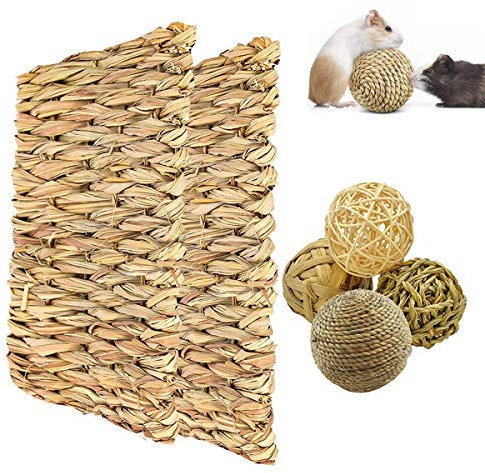 RoadLoo Animal Activity Play Chew Toys, 2 Pack Animal Chew Beds Natural Woven Grass Mats and 4PcsHand Woven Safe Edible Bunny Bedding Nest Rattan Balls for Rabbit Hamster Small Animals (L)