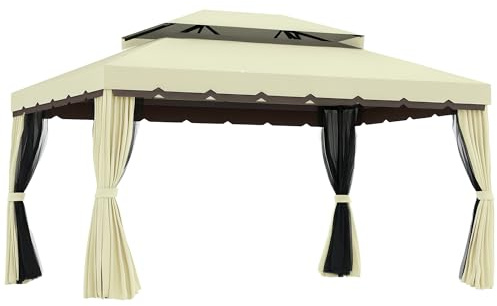 Outsunny Trädgårdspaviljong paviljong trädgårdstält festtält med 4 x sidovägg väderbeständig aluminium polyester krämvit 3,9 x 2,9 x 2,7 m