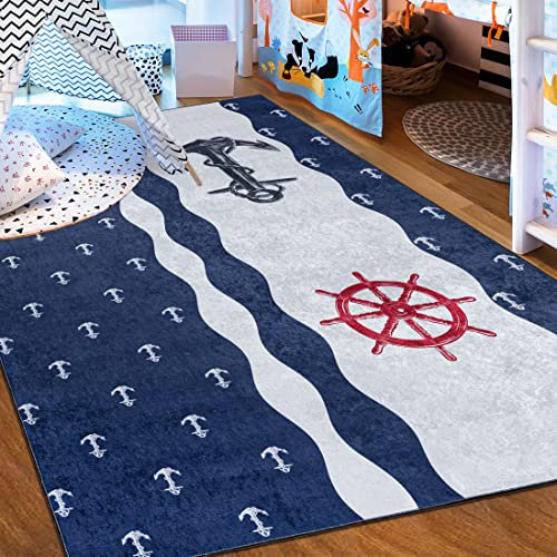 Mazovia Kinderzimmerteppich Antirutsch - Waschbar bis 30 Grad - Anker Motiv - Kurzflor Kinderteppich Teppich für Kinderzimmer - ÖKO-TEX Zertifiziert - Teppiche Junge Mädchen Blau 120 x 170 cm