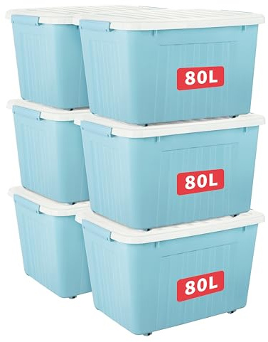 Cetomo 80L*6 Cajas de Almacenamiento con Tapas, Contenedores de Plástico con Ruedas, Clip On, Apilables, Encajables, Organizador Rayado para Oficina en Casa, Azul, 80L-6 Pack