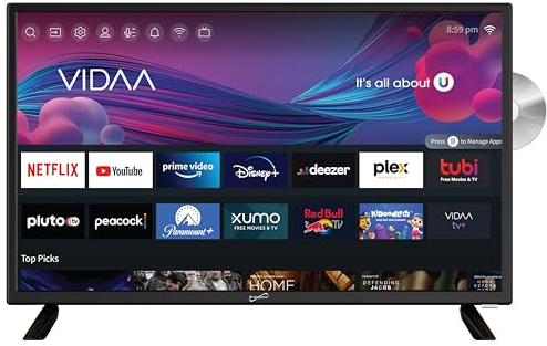 Supersonic SC-2426SDVD 24-inch LED Smart HDTV w/DVD Player, ATSC & NTSC System, 3X HDMI, 1080p, WiFi, USB, Multi Language OSD, AC/DC Compatible for Home, Kitchen, or RV Camper, DC Car Cord Included