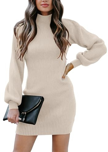 Timuspo Ladies Long Sleeve Turtleneck Ribbed Knitted Jumper Dress Casual Party Bodycon Mini Sweater Dresses for Women Apricot