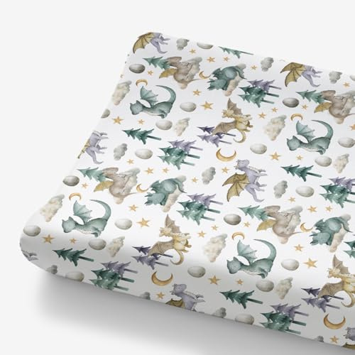HawSkgFub Watercolor Cute Dragon Fairy Tale Changing Pad Cover for Baby Boy, Cloud Moon Star Dragons Egg Diaper Change Table Covers, Soft Stretchy Safe Snug Fitted Changing Mat Sheet Fit 32/34 x 16