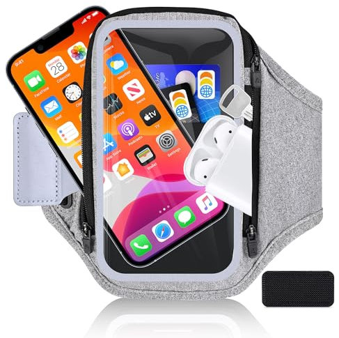 6.8'' Running Phone Holder with Earphone Bag, RAZOBWS Running Armband Phone Holder for iPhone 15 14 13 12 11 Pro Plus Max Galaxy S24 S23 S22 S21 Waterproof Armband Accessories with Car Key Pocket