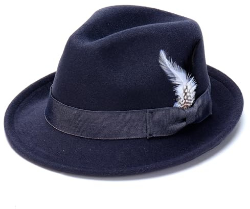 Geebuzz Fedora Hats for Men Women Classic Short Brim Felt Manhatta Fedora Hat with Feathers Band (UK, Alpha, One Size, Feather-Navy)
