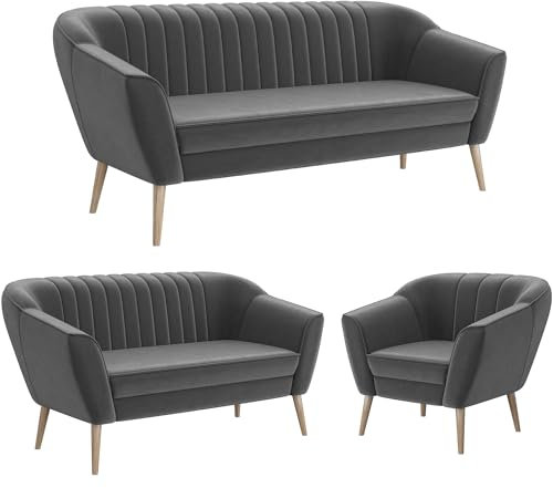 MEBLINI Mini Sofa Set 3-2-1 für Wohnzimmer - Mini Lounge für sechs Personen - Küchensofa - Sofa Klein - Sitzgarnitur - Polstergarnitur - Sofagarnituren - KAIA - 3+2+1 - Dunkelgrau Samt