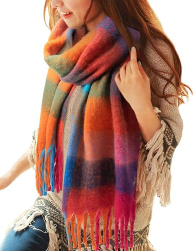 CMTOP Schal Damen Winter Warme Kariert Deckenschal Groß Lang Kariert Tartan Lattice Warmer Oversized Fransen Poncho Wintersch